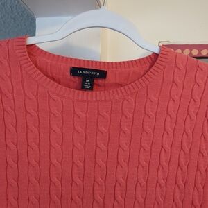 Lands' End Rose Pink 100% Cotton Classic Cable Knit Crewneck Sweater Top M 10-12